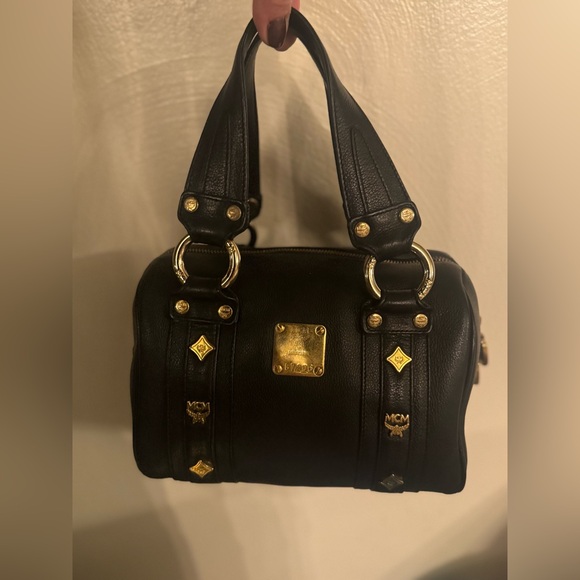 MCM Grained calfskin studded Boston bag.